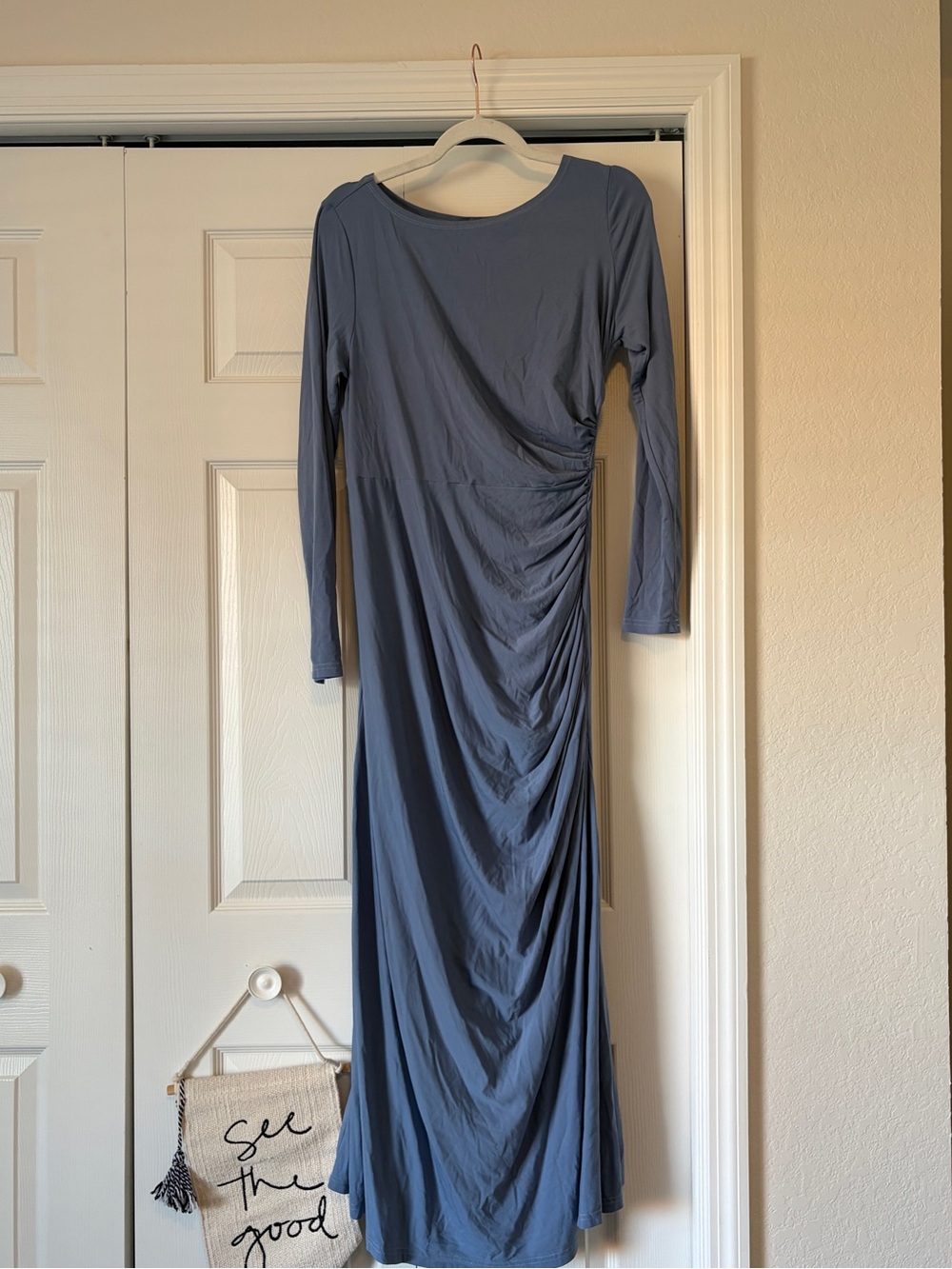 Long Sleeve Ruched Maxi Dress in Slate Blue